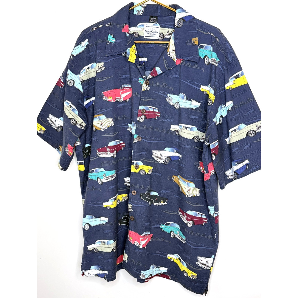 David Carey Originals Chevy Tri-% Navy Blue Camp Shirt w/Vtg Car Print Size 2X
